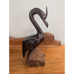 Vintage Hand Carved Ironwood Crested Heron Bird Sculpture 10.75 Inch Coastal